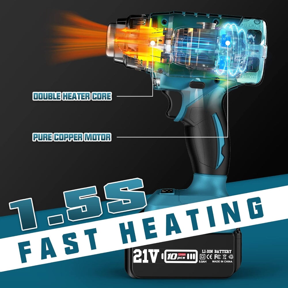 UAOII CORDLESS HEAT-GUN WITH LED LIGHT | RECHARGEABLE 21V BATTERY | 5 NOZZLE