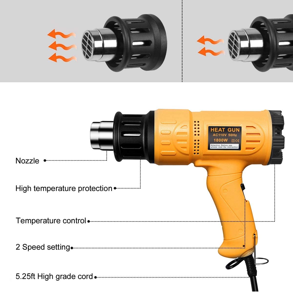 SEEKONE HEAT GUN | 1800W | 2-TEMP SETTING WITH OVERLOAD PROTECTION FOR CAR WRAPPING - VARIABLE TEMPERATURE CONTROL